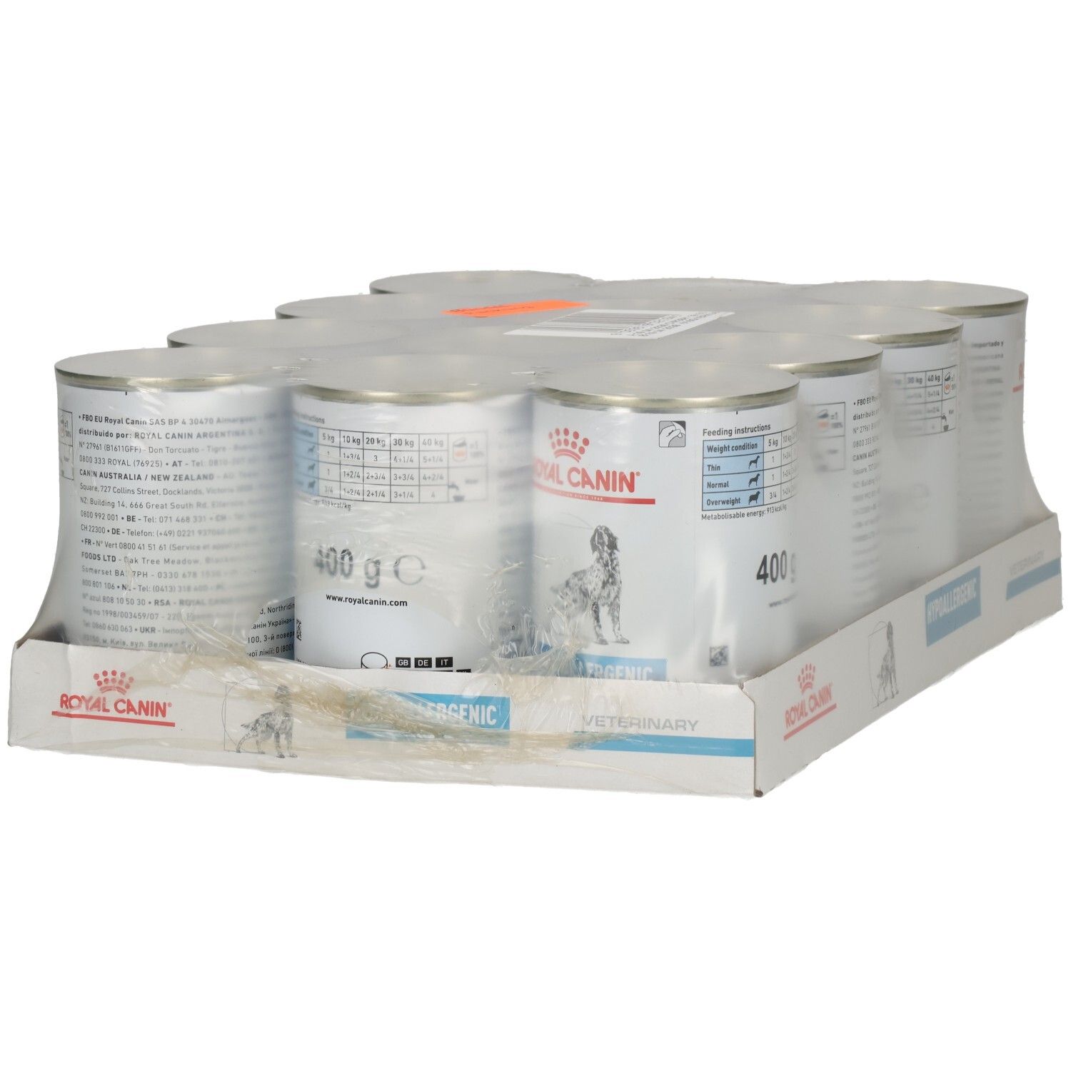 Packung mit 6 Dosen Royal Canin Hypoallergenic Hundefutter, 400g pro Dose.