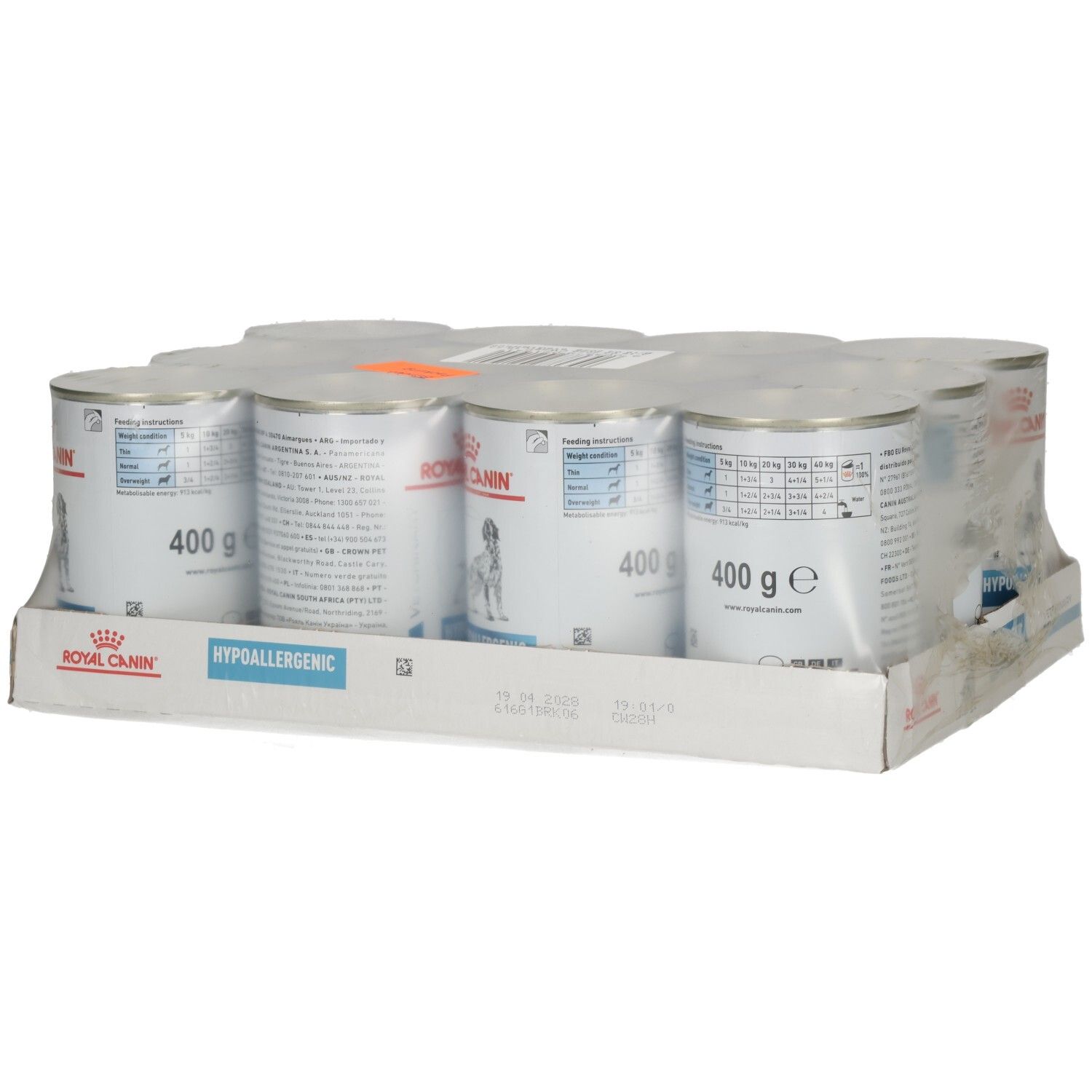 Packung mit 6 Dosen Royal Canin Hypoallergenic Hundefutter, 400g pro Dose.