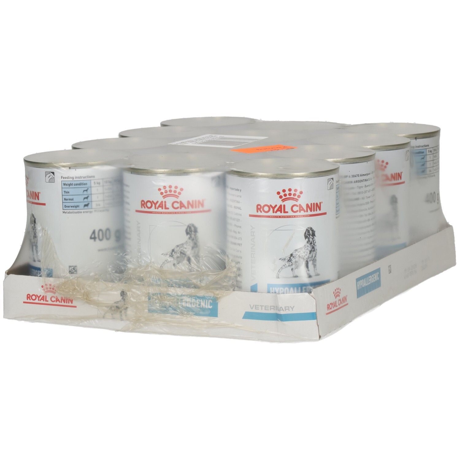 Packung mit 6 Dosen Royal Canin Hypoallergenic Hundefutter, 400g pro Dose.