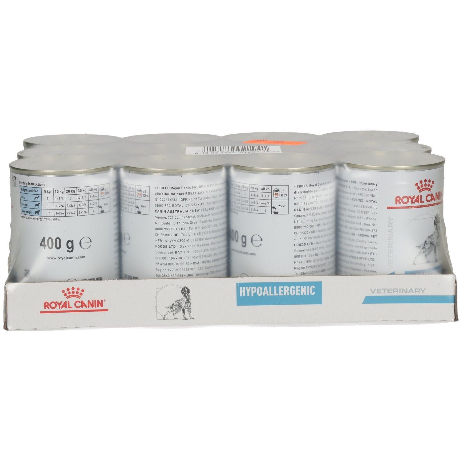 Packung mit 6 Dosen Royal Canin Hypoallergenic Hundefutter, 400g pro Dose.