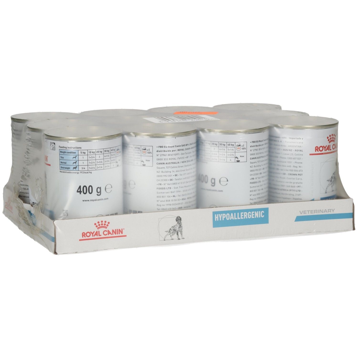 Packung mit 6 Dosen Royal Canin Hypoallergenic Hundefutter, 400g pro Dose.