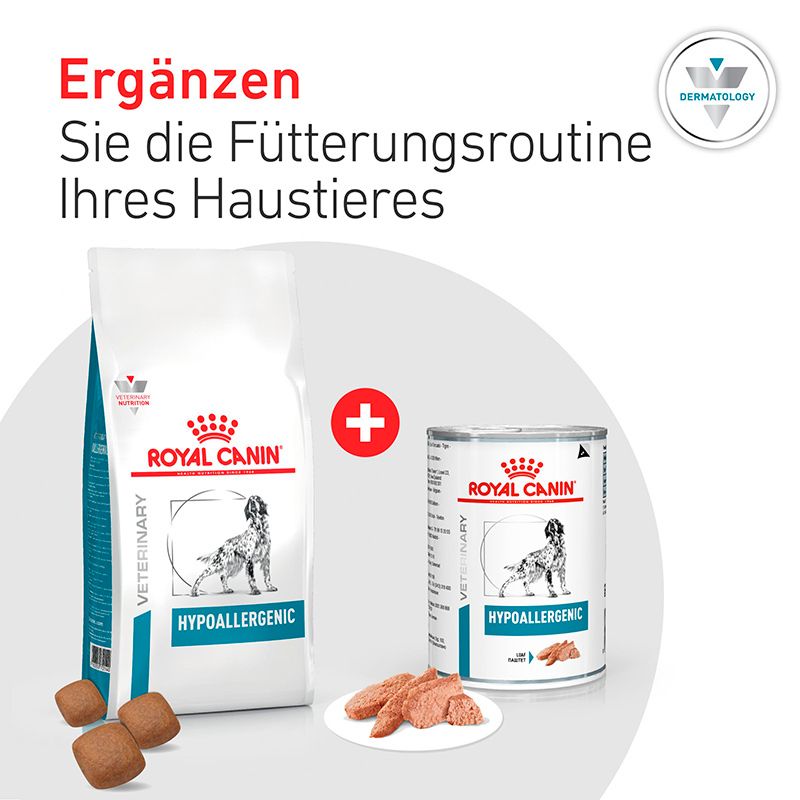 ROYAL CANIN® Veterinary HYPOALLERGENIC Trocken- und Nassfutter für Hunde, mit Futterbrocken und Dosenfutter.