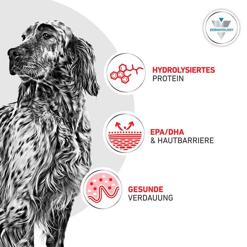 ROYAL CANIN® Veterinary HYPOALLERGENIC Hundefutter: Hydrolysiertes Protein, EPA/DHA & Hautbarriere, Gesunde Verdauung.