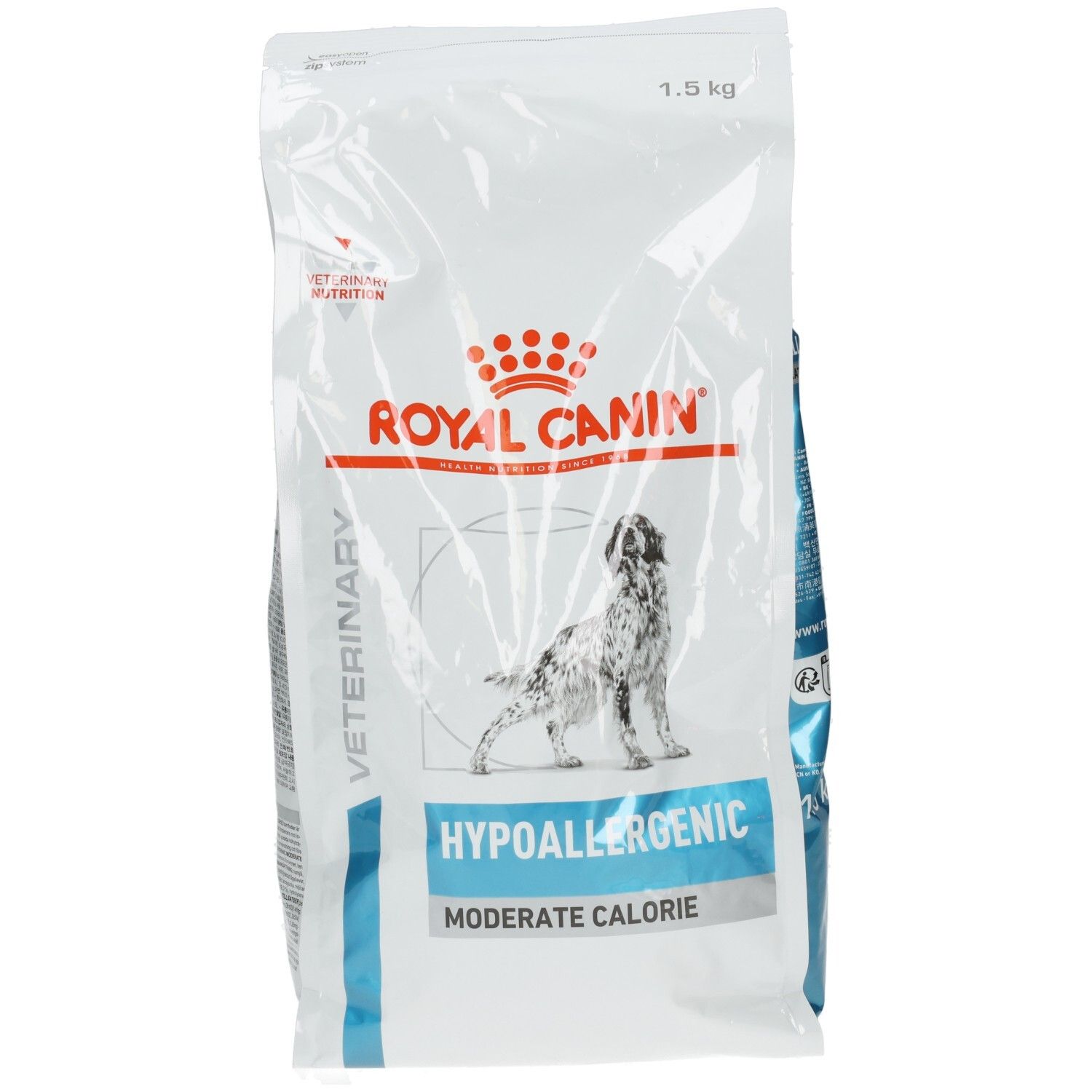 Royal Canin Hypoallergenic Moderate Calorie Hundefutter, 1,5 kg Beutel mit Hundemotiv.