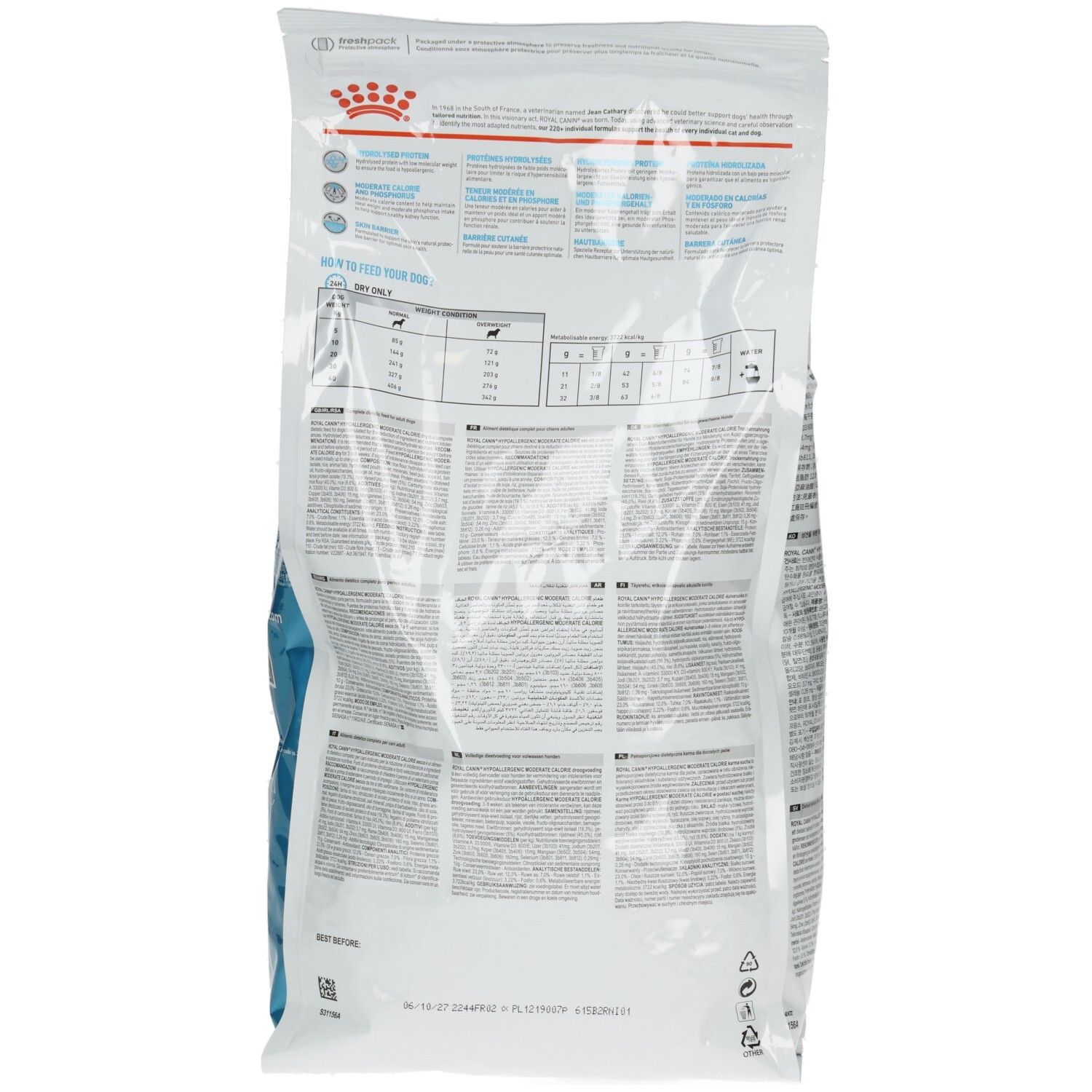 Rückseite eines 1,5 kg Beutels Royal Canin Hypoallergenic Moderate Calorie Hundefutter mit Fütterungstabelle.