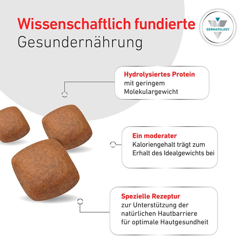 Wissenschaftlich fundierte Hundenahrung: Hydrolysiertes Protein, moderater Kaloriengehalt, spezielle Rezeptur.