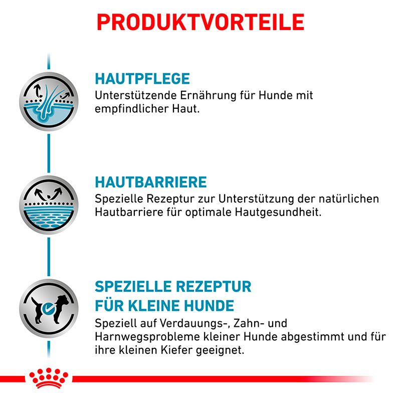 Produktvorteile: Hautpflege, Hautbarriere, spezielle Rezeptur für kleine Hunde.