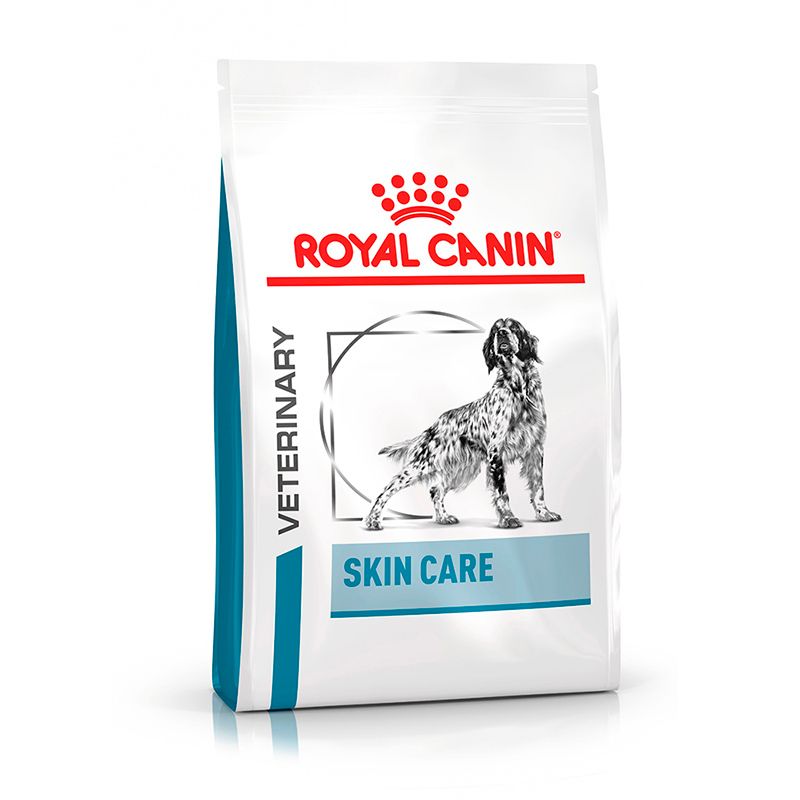 ROYAL CANIN® Veterinary SKIN CARE Hundefutter-Beutel mit Hundemotiv.