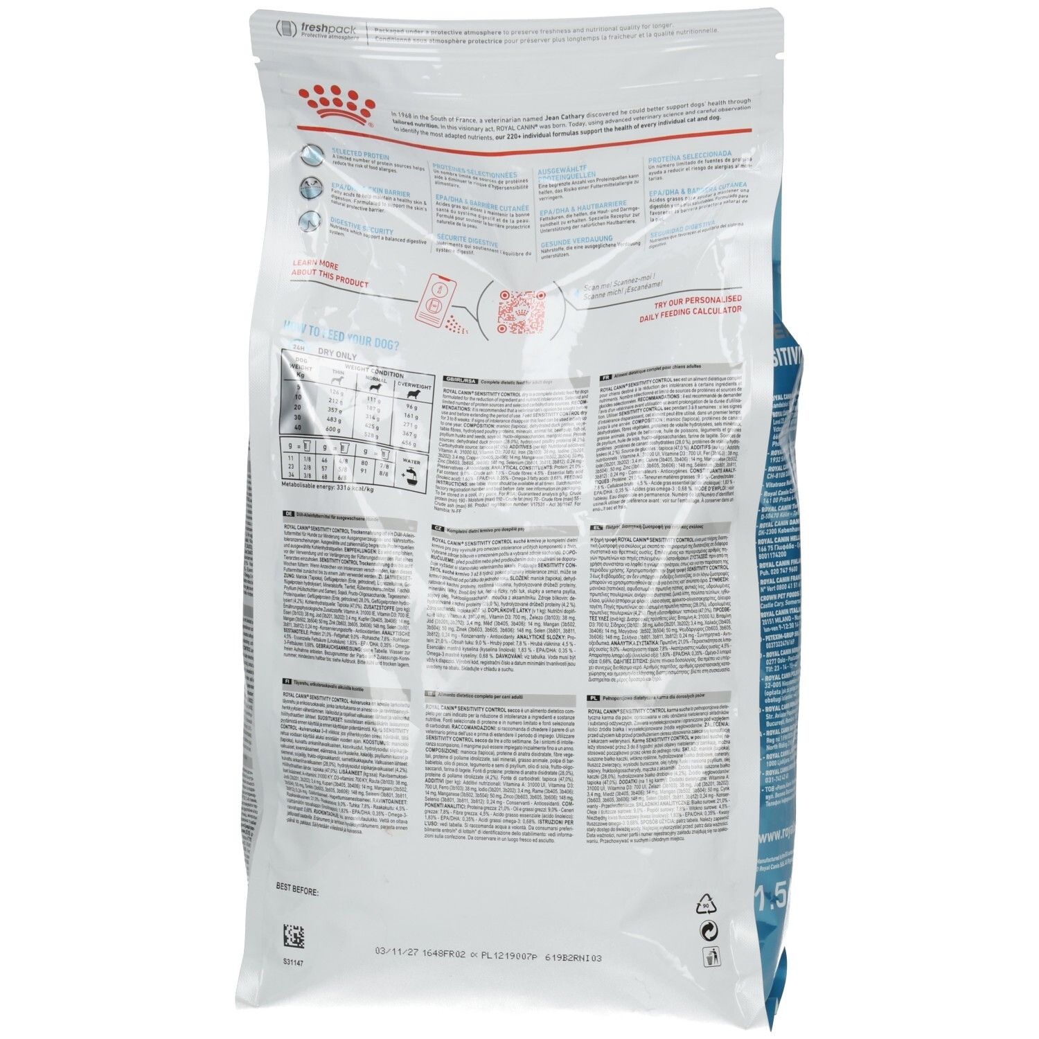 Rückseite eines 1,5 kg Beutels Royal Canin SENSITIVITY CONTROL Hundefutter mit Textinformationen.