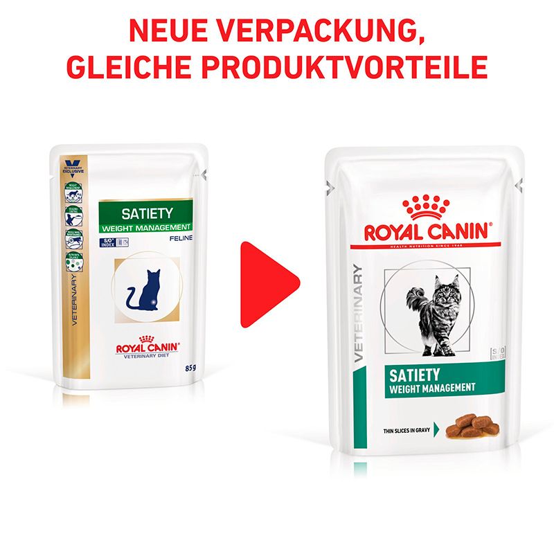 Vergleich alte und neue Verpackung Royal Canin Veterinary Satiety Weight Management Katzenfutter.