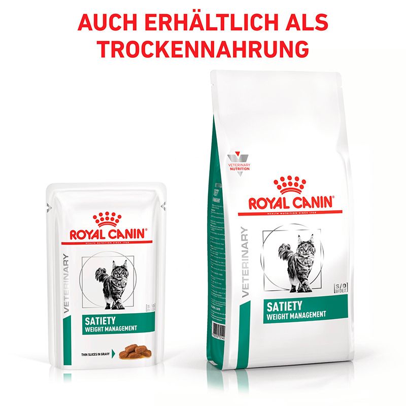 Royal Canin Veterinary Satiety Weight Management Katzenfutter Beutel und Trockenfutter.