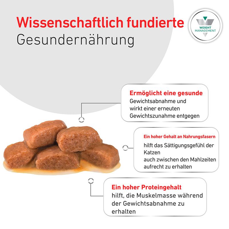 Nahaufnahme von Royal Canin Veterinary Satiety Weight Management Futterstücken in Soße.