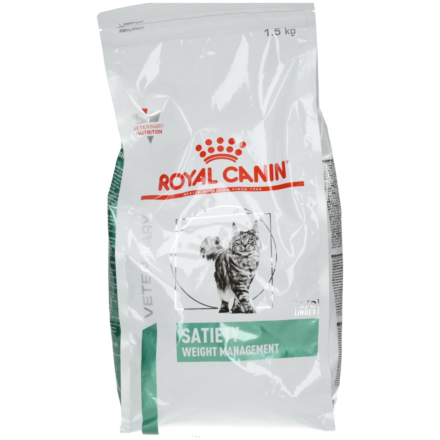 Royal Canin Satiety Weight Management Katzenfutter, 1,5 kg Beutel mit Katzenabbildung.