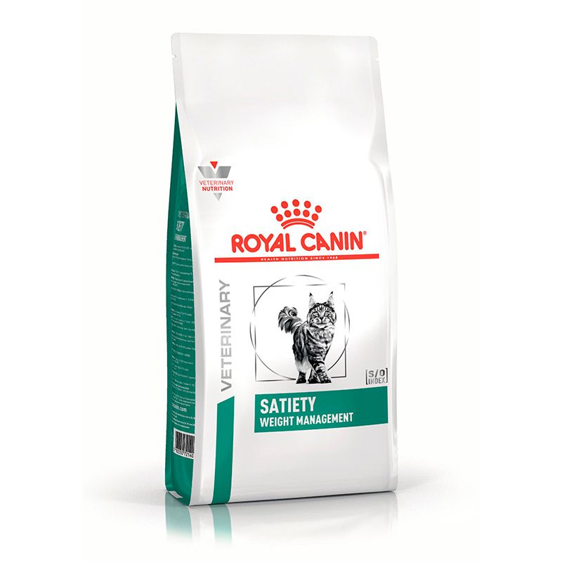 Royal Canin Veterinary Satiety Weight Management Trockennahrung für Katzen: 1,5 kg Beutel mit Katze-Motiv.