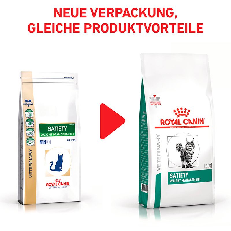 Vergleich von Royal Canin Veterinary Satiety Weight Management Verpackungen: alte und neue Designs.