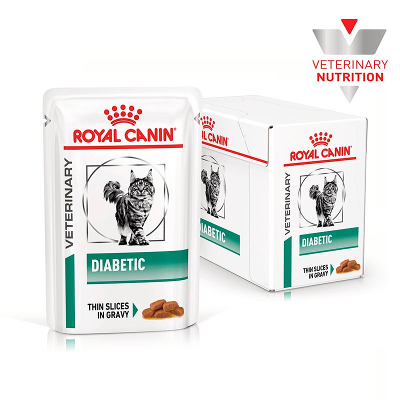 Royal Canin Veterinary Diät Futterbeutel und Karton: Dünne Scheiben in Soße.