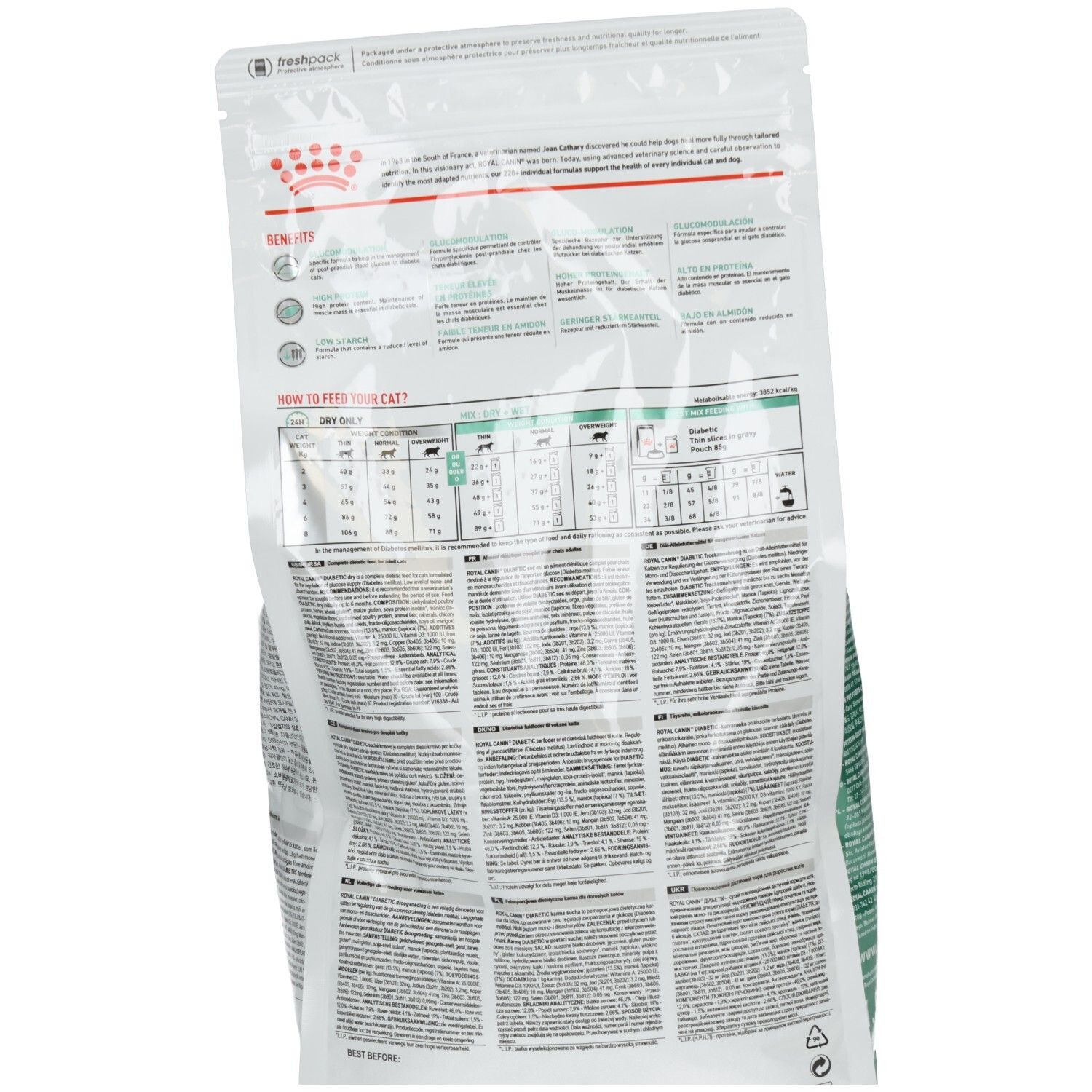 Rückseite eines 1,5 kg Beutels Royal Canin Veterinary Diätetische Trockennahrung für Katzen mit Fütterungstabelle.