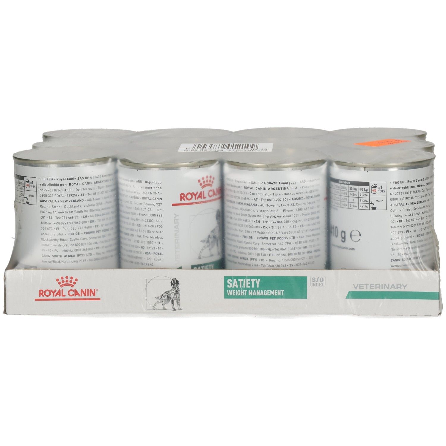 6 Dosen ROYAL CANIN Satiety Weight Management Hundefutter, Verpackung.