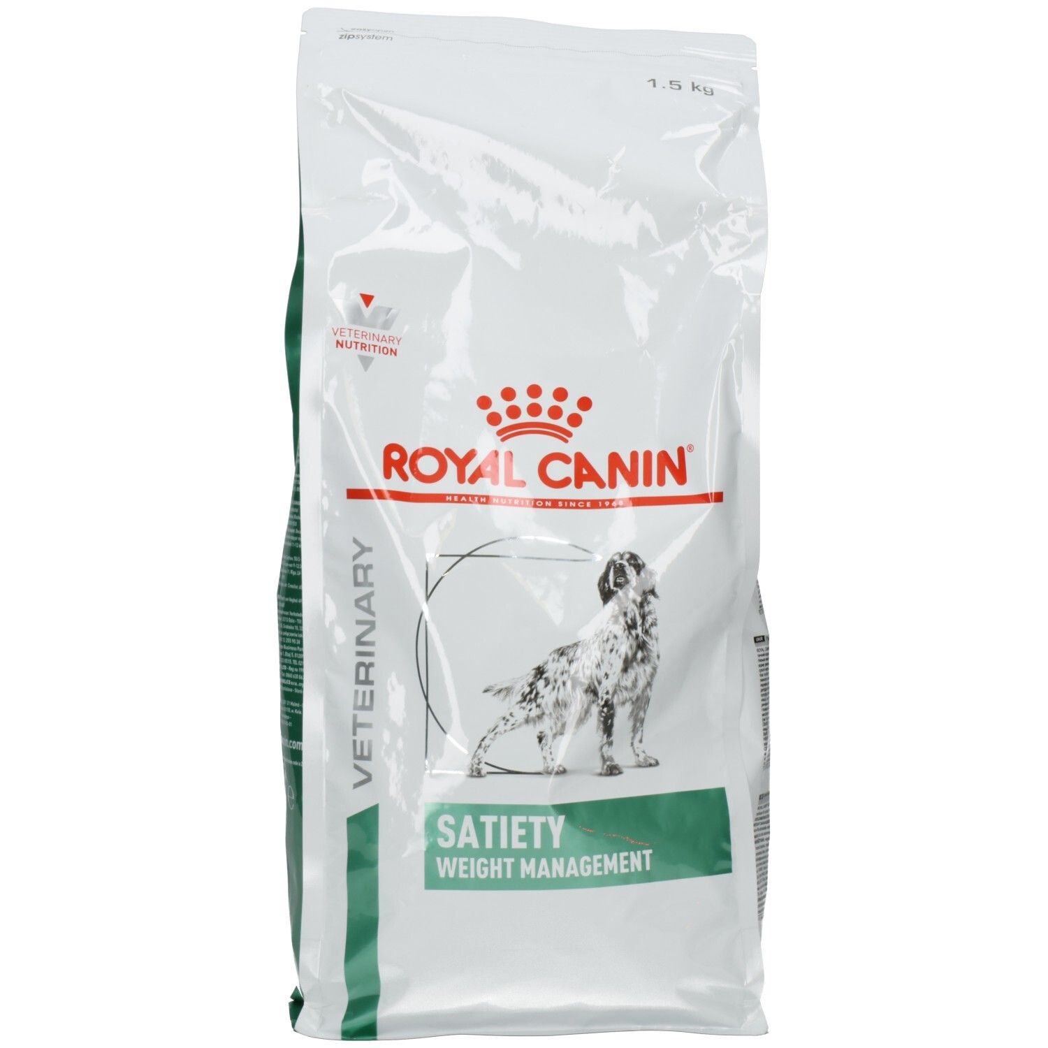 Royal Canin Hundefutter Satiety Weight Management, 1,5 kg Beutel mit Hundemotiv.