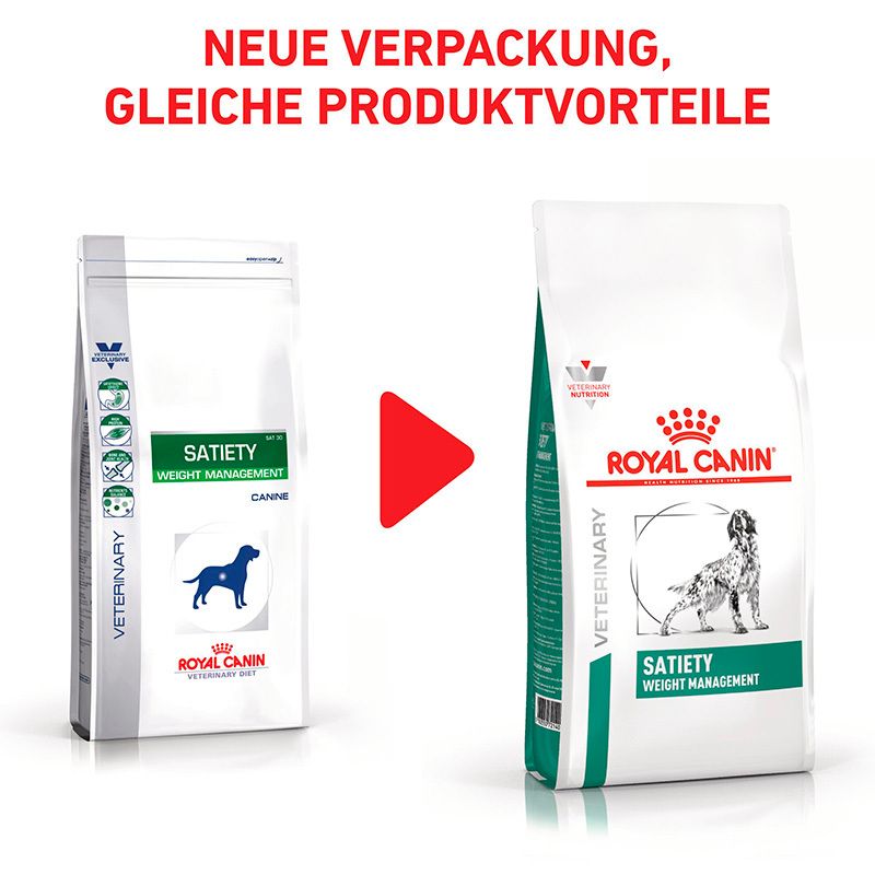 Vergleich von alter und neuer Verpackung ROYAL CANIN® Satiety Weight Management Hundefutter.