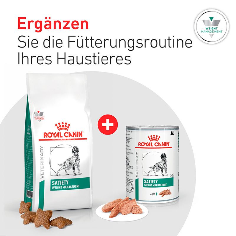 ROYAL CANIN® Satiety Weight Management Trocken- und Feuchtnahrung mit Leckerlis für Hunde.