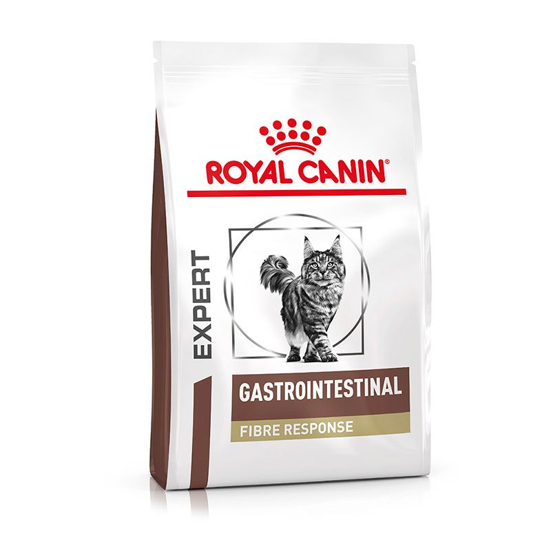 Royal Canin Trockennahrung für Katzen, "Gastrointestinal Fibre Response". Weiße Tüte mit braunen Akzenten und Katzenmotiv.