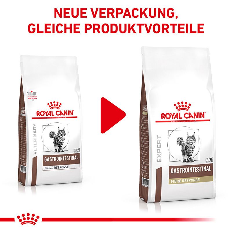 Vergleich von alter und neuer Verpackung der Royal Canin Trockennahrung "Gastrointestinal Fibre Response".