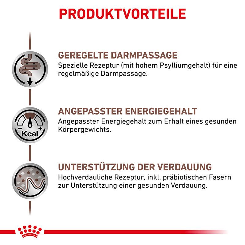 Produktvorteile: Regelmäßige Darmpassage, angepasster Energiegehalt, Unterstützung der Verdauung.