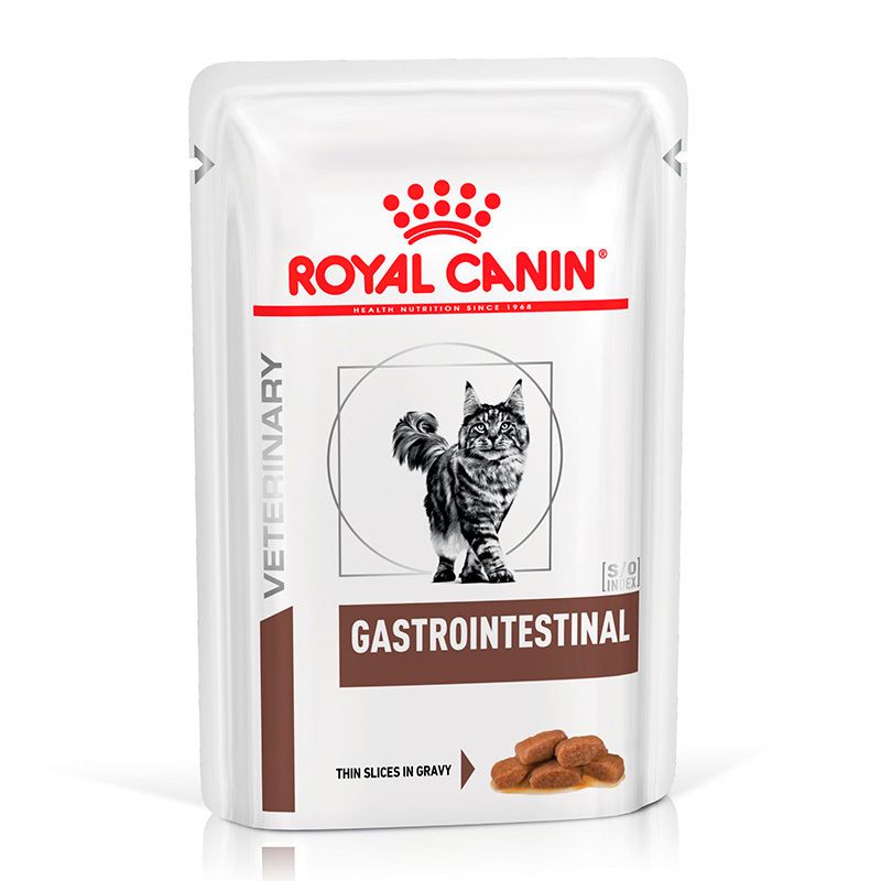 Royal Canin Veterinary GASTROINTESTINAL Katzenfutter-Beutel mit Abbildung einer Katze und Produktinformationen.
