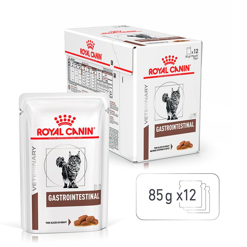 Royal Canin Veterinary GASTROINTESTINAL Katzenfutter-Beutel und eine Packung mit 12 Beuteln à 85g.
