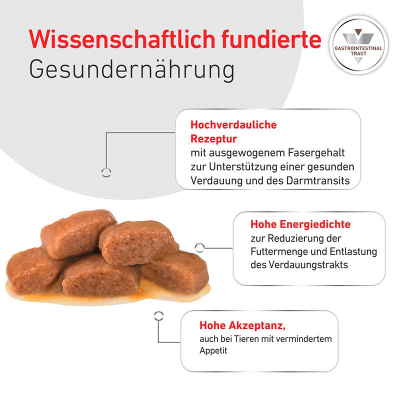 Royal Canin GASTROINTESTINAL: Hochverdauliche Rezeptur, hohe Energiedichte, hohe Akzeptanz. Stückchen in Soße.