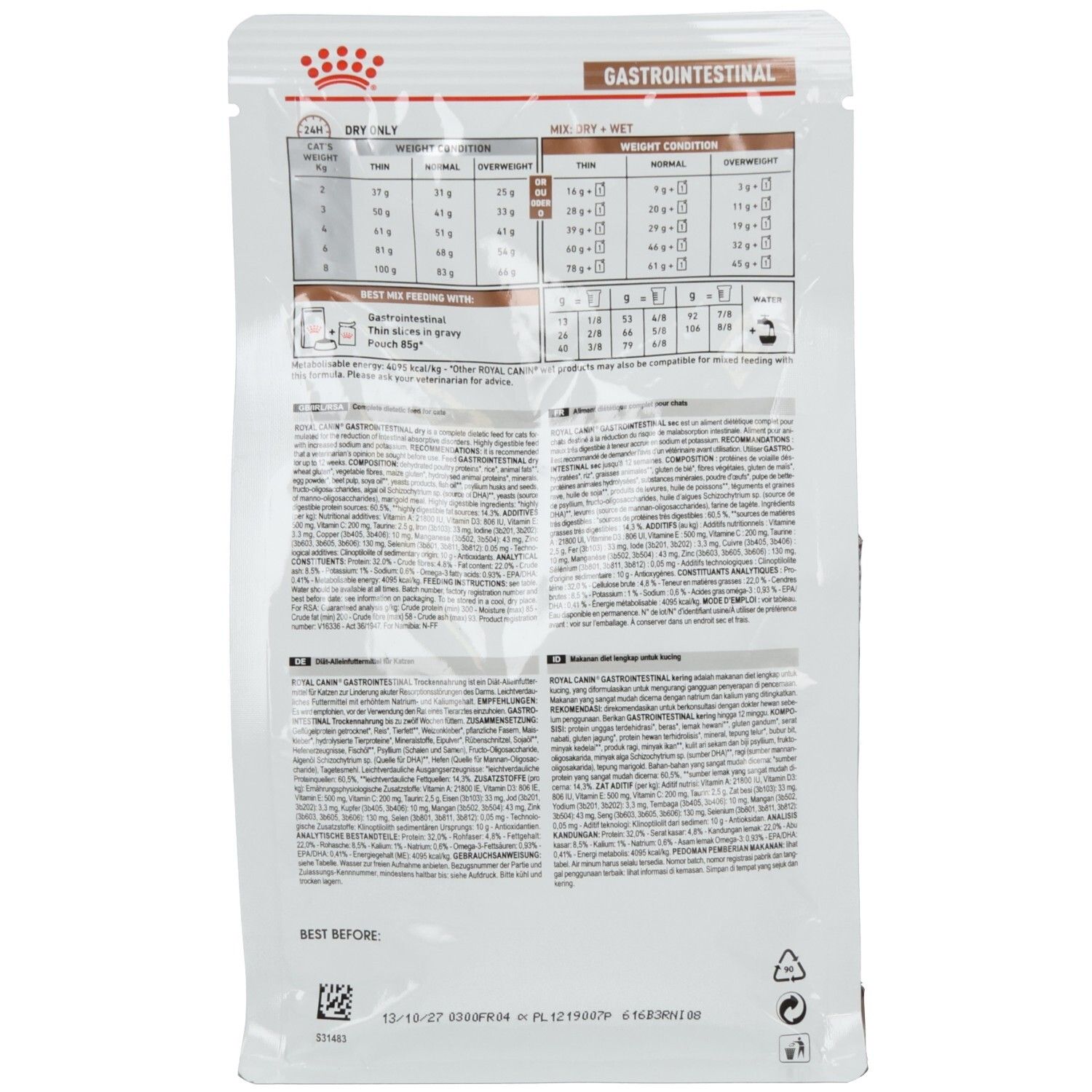 Rückseite des ROYAL CANIN GASTROINTESTINAL Katzenfutterbeutels mit Fütterungstabellen und Text.