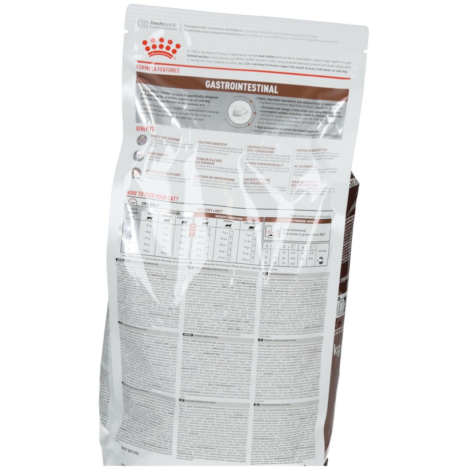 Rückseite des ROYAL CANIN GASTROINTESTINAL Katzenfutterbeutels mit Nährwertangaben und Anwendungshinweisen.