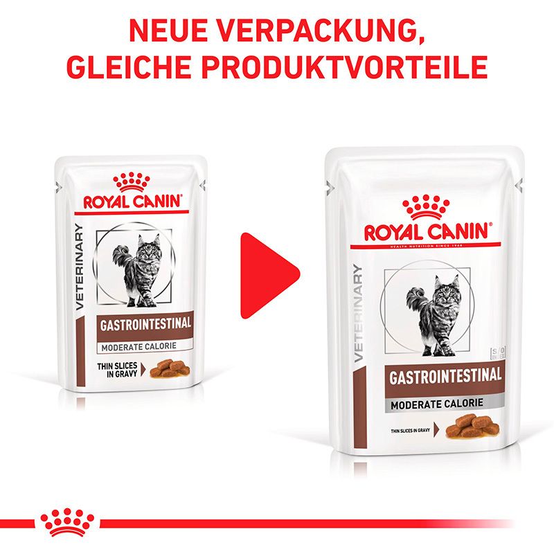Vergleich von alter und neuer Verpackung von Royal Canin Veterinary Diätetisches Katzenfutter.