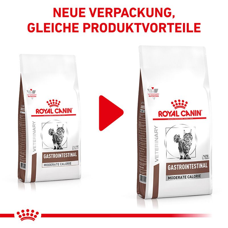 Vergleich von alter und neuer Verpackung von ROYAL CANIN® GASTROINTESTINAL MODERATE CALORIE Trockennahrung für Katzen.
