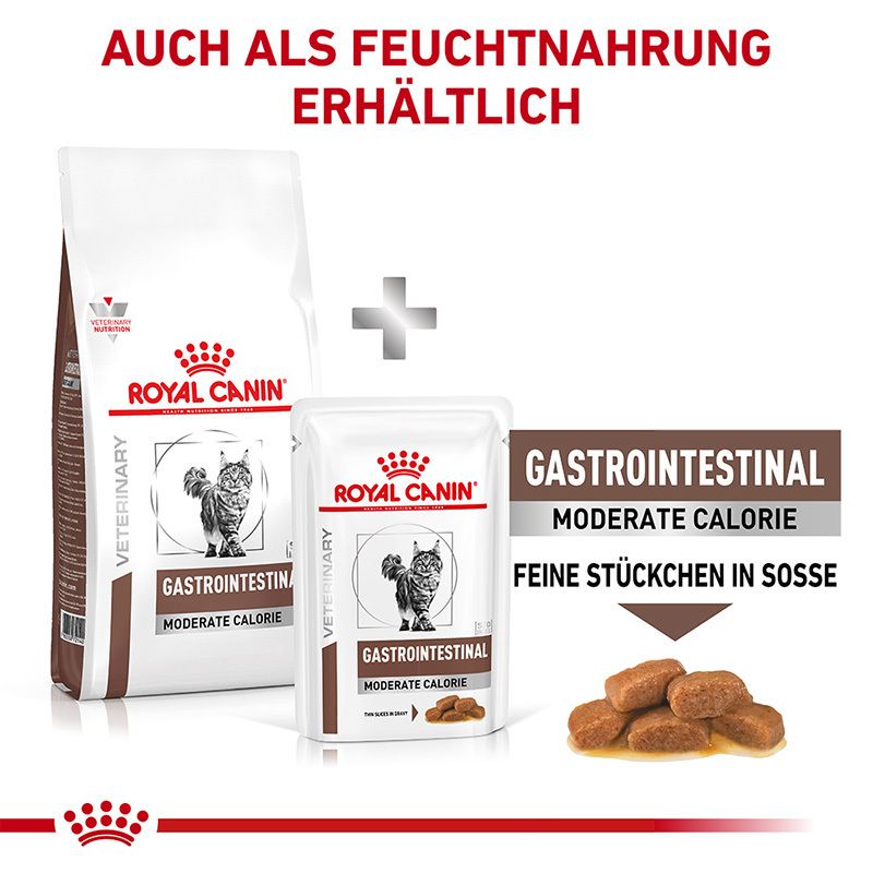 ROYAL CANIN® GASTROINTESTINAL MODERATE CALORIE: Trockennahrung und Feuchtnahrung (feine Stückchen in Soße).