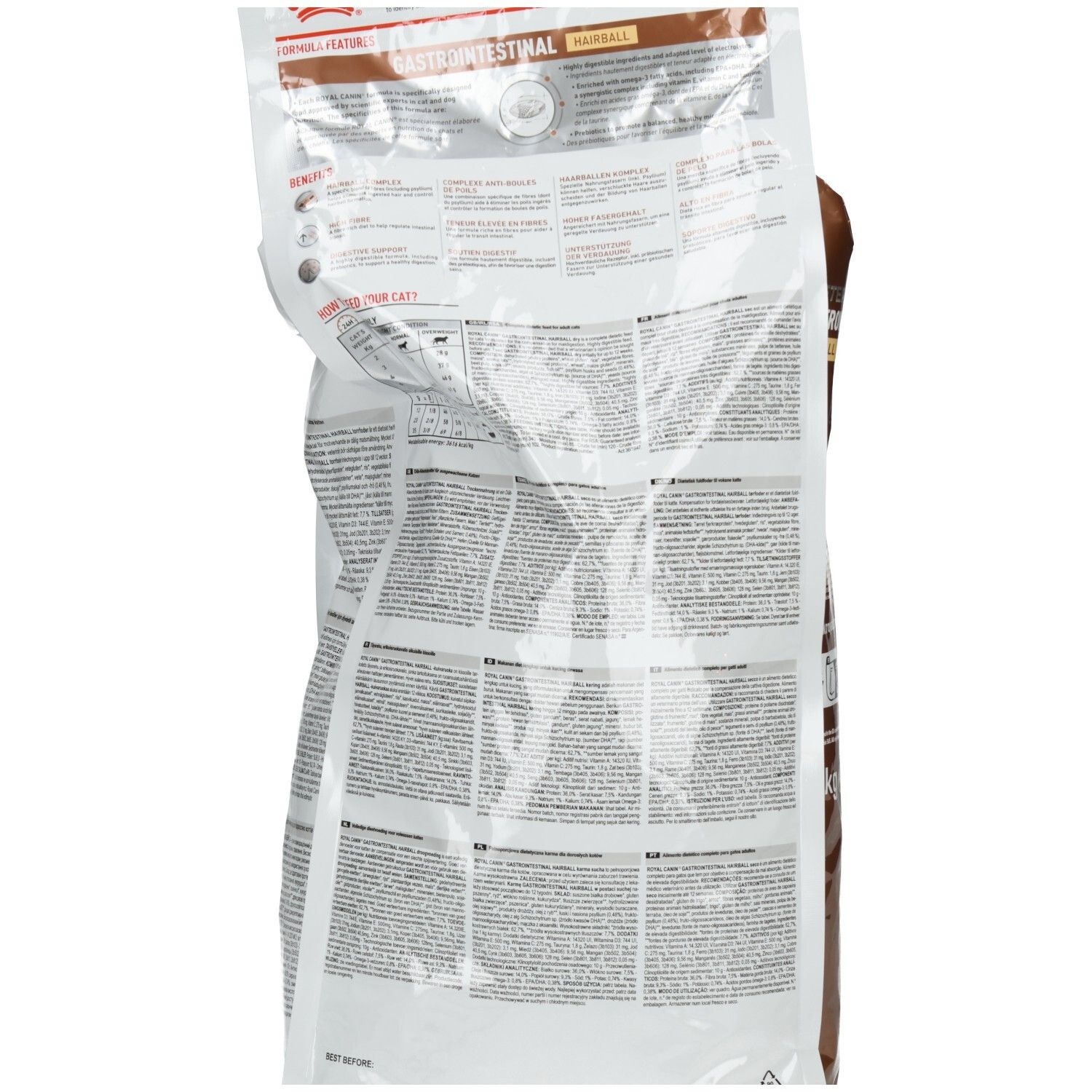 Rückseite des ROYAL CANIN® GASTROINTESTINAL HAIRBALL Trockennahrung Beutels mit Fütterungshinweisen.