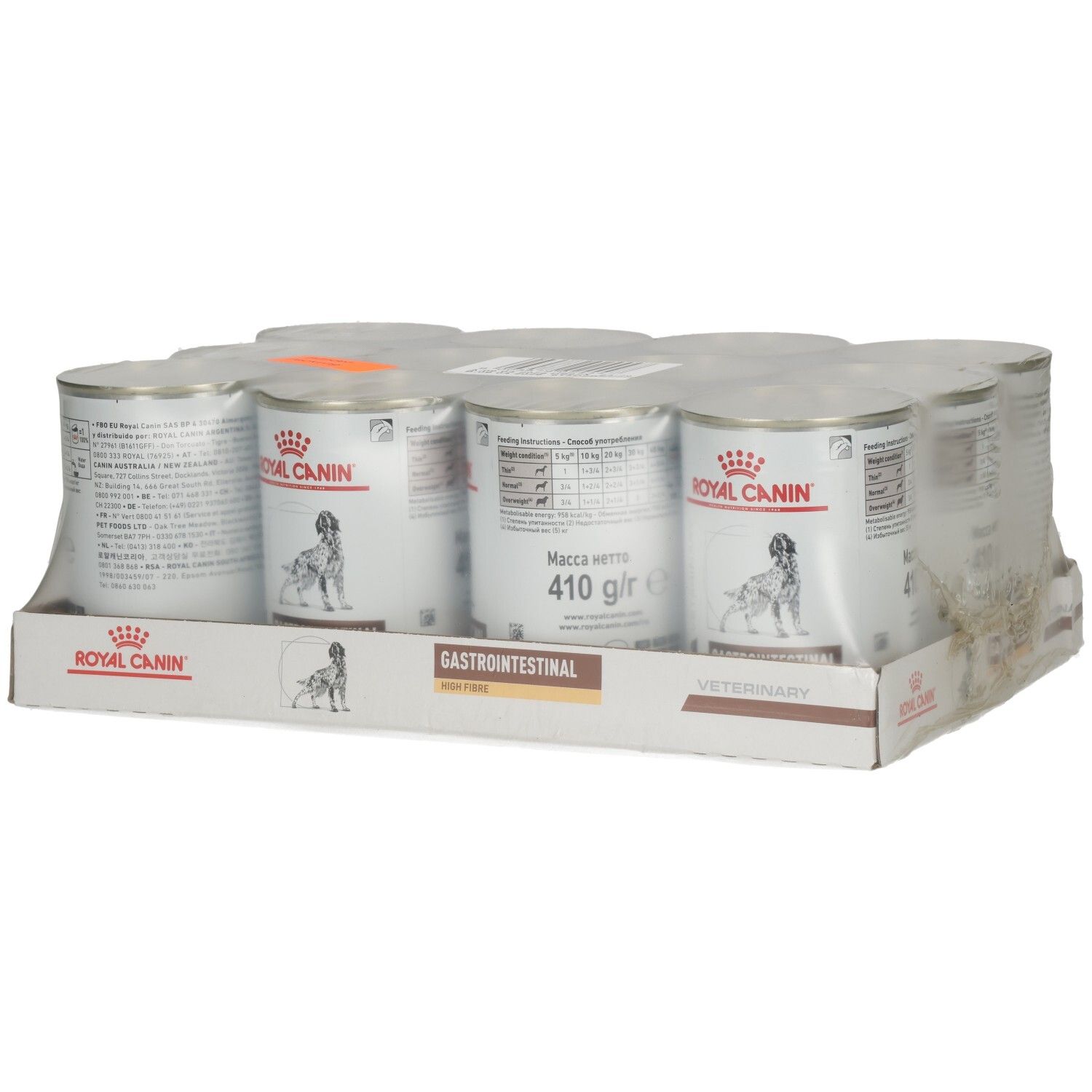 Sechs Dosen Royal Canin GASTROINTESTINAL HIGH FIBRE Mousse Hundefutter, verpackt in Folie auf einem Kartonständer.