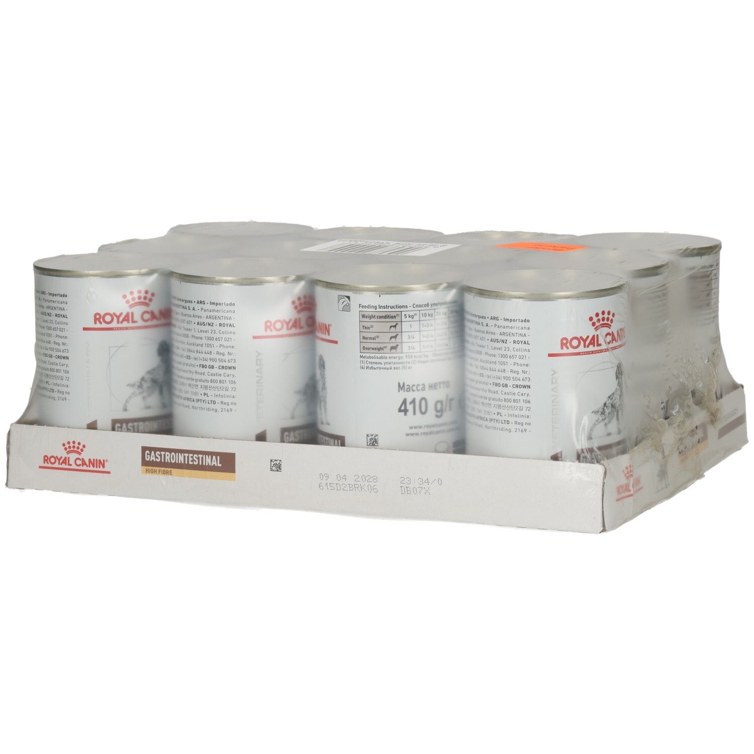 Sechs Dosen Royal Canin GASTROINTESTINAL HIGH FIBRE Mousse Hundefutter, Seitenansicht, verpackt in Folie auf einem Kartonständer.