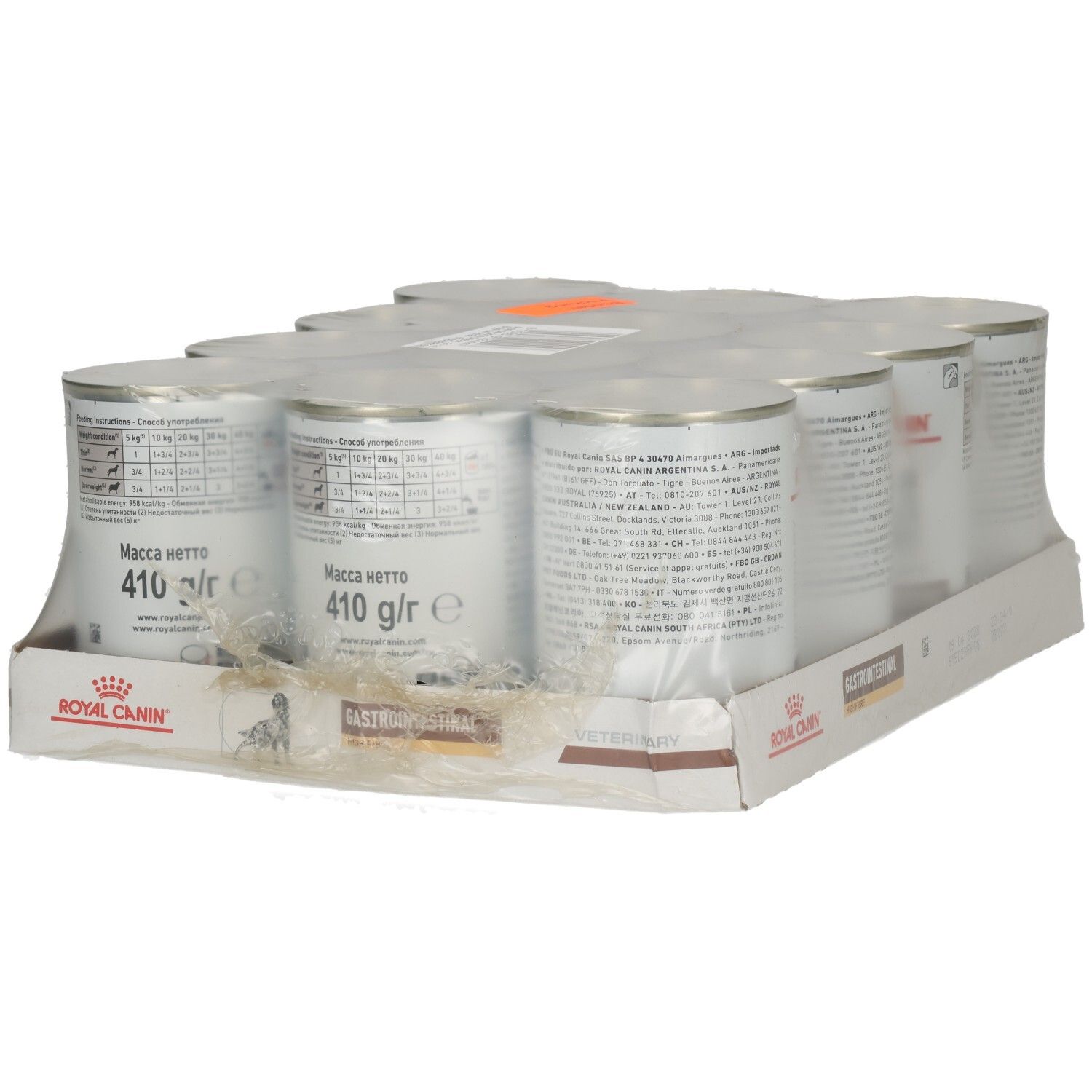 Sechs Dosen Royal Canin GASTROINTESTINAL HIGH FIBRE Mousse Hundefutter, verpackt in Folie auf einem Kartonständer, mit Fokus auf die Etiketten.