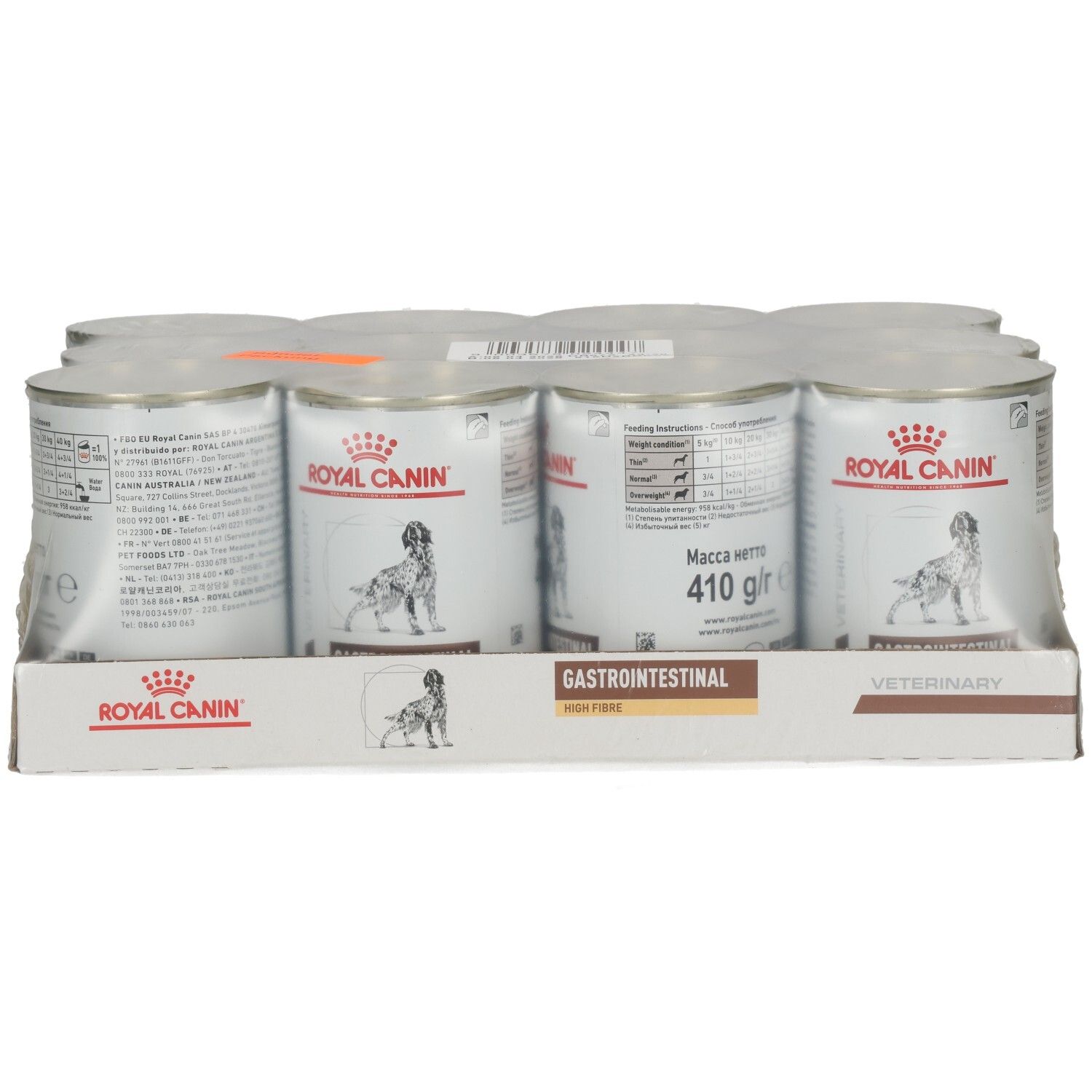 Sechs Dosen Royal Canin GASTROINTESTINAL HIGH FIBRE Mousse Hundefutter, Vorderansicht, verpackt in Folie auf einem Kartonständer.