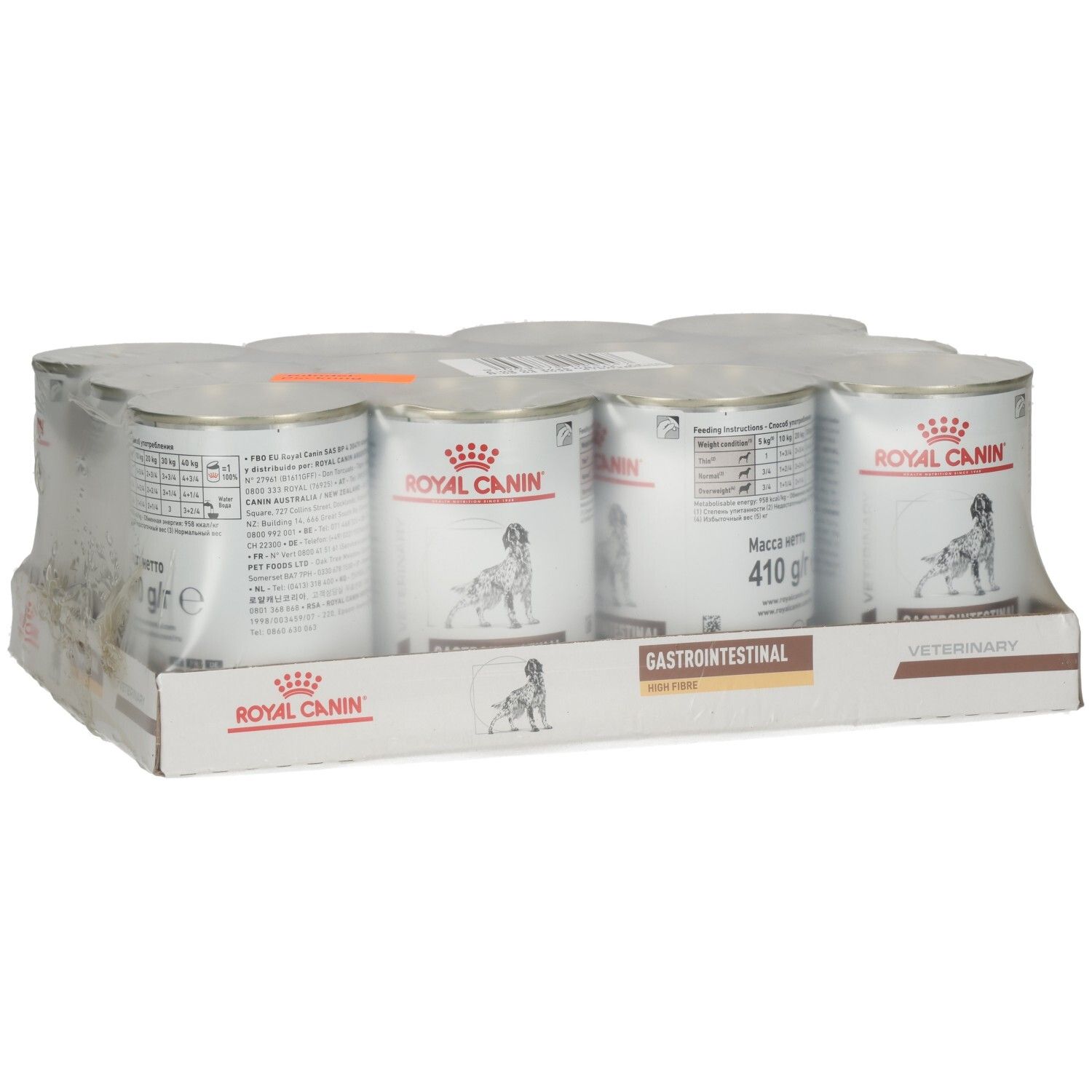 Sechs Dosen Royal Canin GASTROINTESTINAL HIGH FIBRE Mousse Hundefutter, schräge Ansicht, verpackt in Folie auf einem Kartonständer.