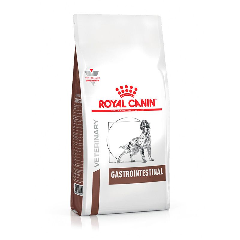 Royal Canin Gastrointestinal Hundefutter-Sack, weiß mit rotem und braunem Design. Zeigt Hundesilhouette und Markenschriftzug.