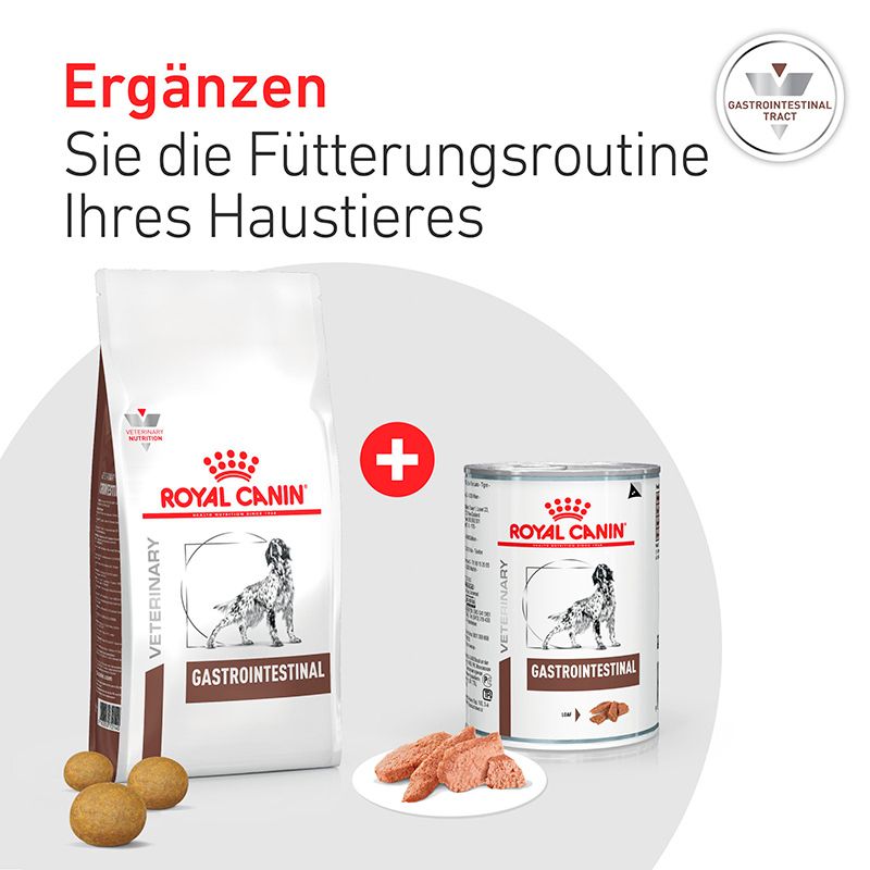 Royal Canin Gastrointestinal Trocken- und Nassfutter für Hunde, mit Futterbrocken und Dosenöffner-Symbol.