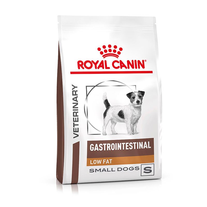 Royal Canin Gastrointestinal Low Fat Small Dogs Trockennahrung: 8kg Beutel mit Hundemotiv.