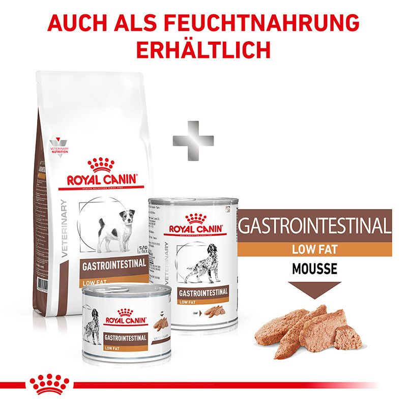 Royal Canin Gastrointestinal Low Fat auch als Feuchtnahrung erhältlich: Beutel, Dosen und Mousse.