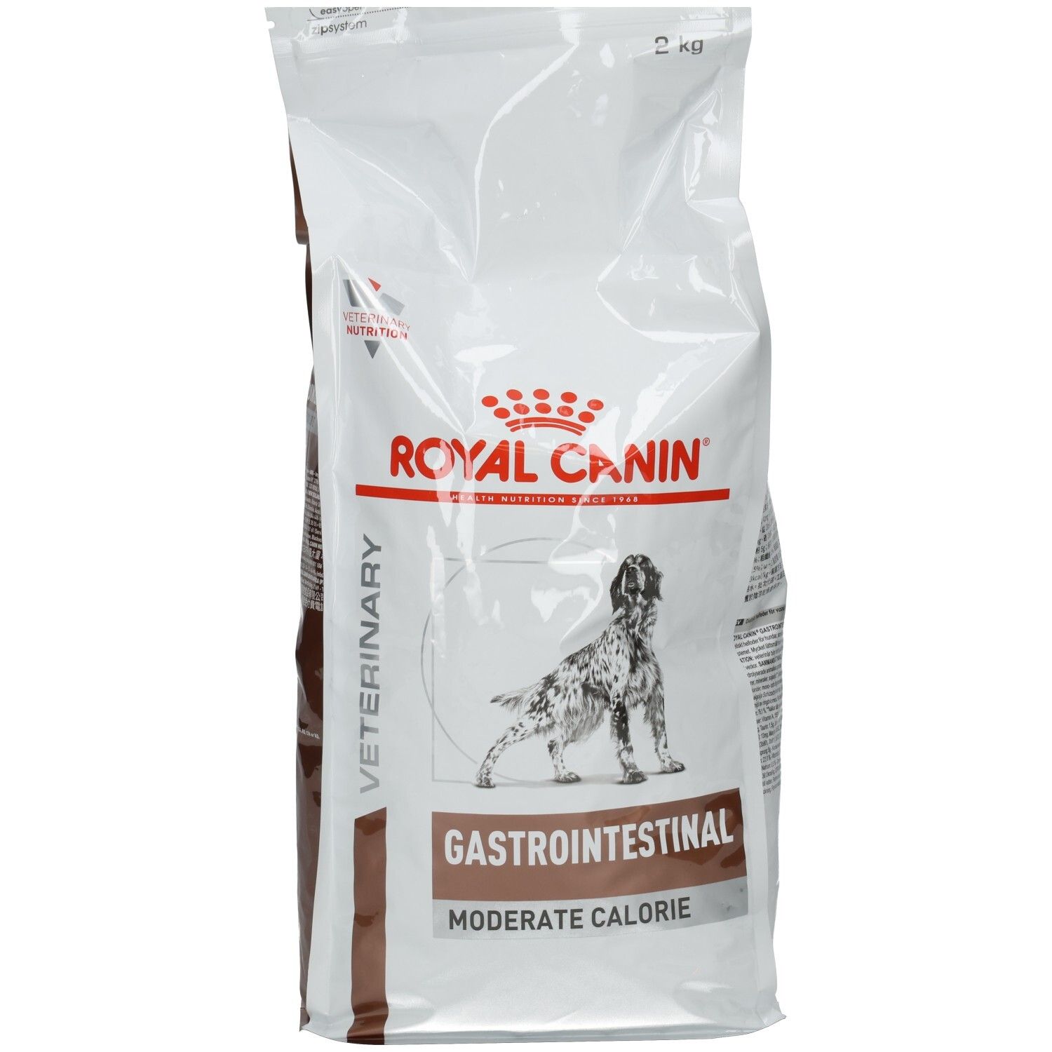 Royal Canin Veterinary Diätetische Hundenahrung, GASTROINTESTINAL MODERATE CALORIE, 2 kg Beutel mit Hundemotiv.