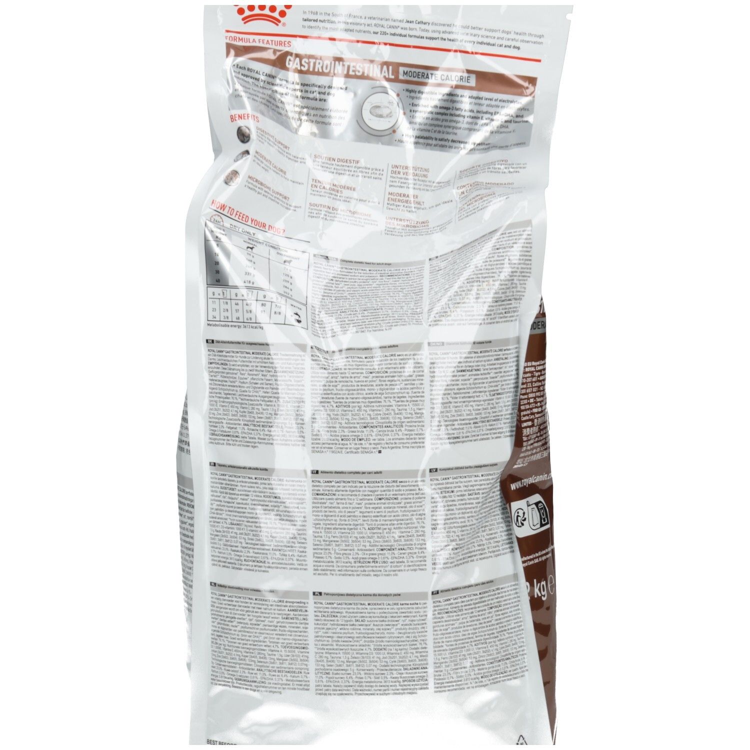 Rückseite eines 2 kg Beutels Royal Canin Veterinary GASTROINTESTINAL MODERATE CALORIE Hundenahrung mit detaillierten Informationen.