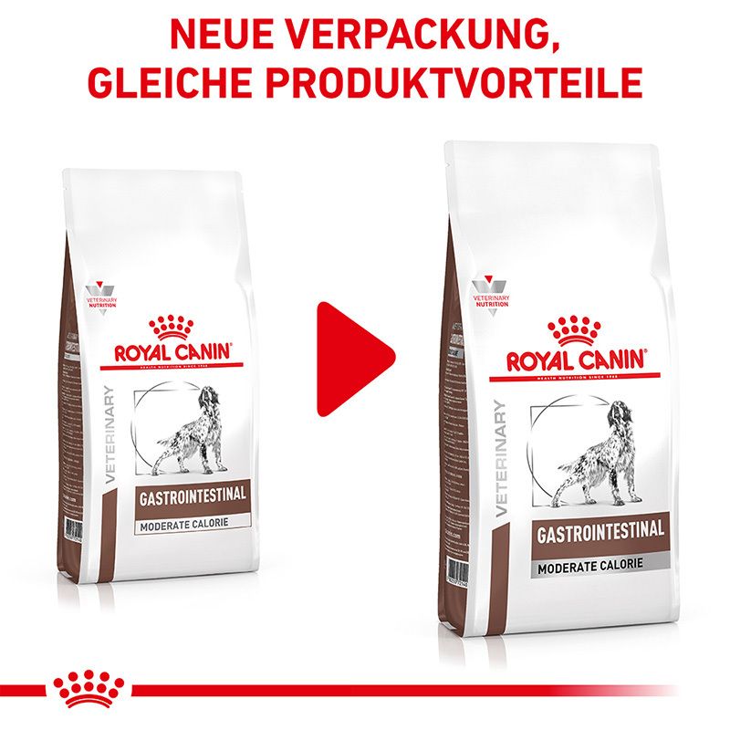 Vergleich von zwei Royal Canin Gastrointestinal Moderate Calorie Hundefutter-Verpackungen.