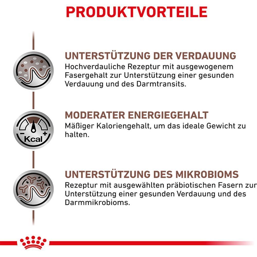 Produktvorteile für Hunde: Unterstützung der Verdauung, moderater Energiegehalt, Mikrobiom-Unterstützung.